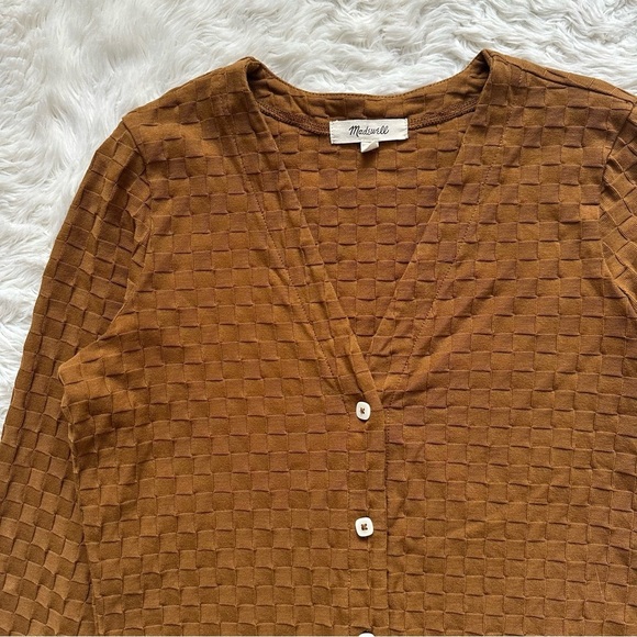 Madewell Top V-Neck Cardigan in Checkerboard Jacquard Button Front Sepia XS - Picture 5 of 12